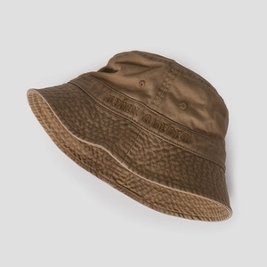 Detail of urban aurora embroidery on textured brown cotton bucket hat with eyelets
