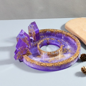 Artistic purple resin jewelry tray with gold foil flakes and miniature house decor
