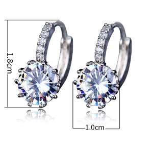 Detail view of round cubic zirconia earrings showing 1.8cm height and 1.0cm width dimensions
