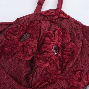 Elegant burgundy sequin lace evening gown with 3D floral embroidery and spaghetti straps