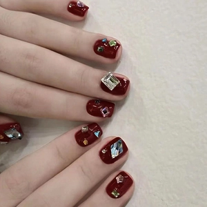 Burgundy Press On Nails Shiny Rhinestone Decorated Artificial Fingernails Elegant Deep Red False Nails For Party Event Women