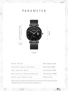 Detailed specs of Geneva quartz watch with 40mm black dial and metal mesh band