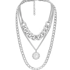Silver multi-layer necklace with coin pendant and heavy metal texture chains for women