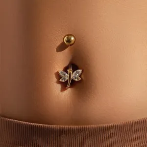 Stainless Steel Belly Button Ring Zircon Inlaid Butterfly Heart Cherry Shape Navel Piercing Jewelry Women Y2K Exquisite Body Jewelry