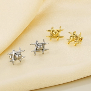 Polished stainless steel ball stud earrings with cross-hatch design in gold and silver