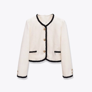 Veste En Tweed Élégante Pour Femme Courte Col Rond Manches Longues Bordure Contrastée Boutons Dorés Style Français