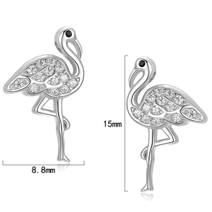 Detailed view of sterling silver flamingo stud earrings with white zircon and size markings