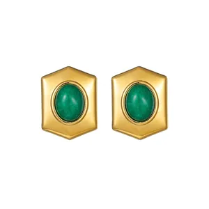 Vintage Stainless Steel 18K Gold Plated Hexagon Geometric Jewelry Green Rhinestone Stud Earrings Necklace Adjustable Open Ring For Women