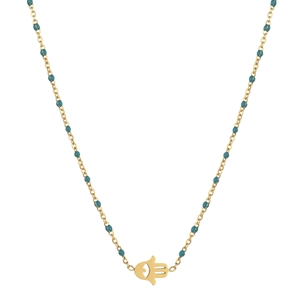 Détail d'un collier main de Fatma doré avec perles turquoise et chaîne fine élégante