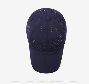 Top view of navy blue quick-dry baseball cap with laser-cut ventilation holes