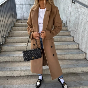 Women Elegant Long Woolen Coat Double Breasted Notch Lapel Solid Color Office Commute Split Hem Fashion Outerwear Long Top
