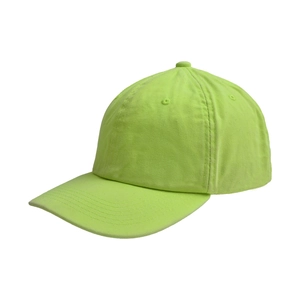 Detailed side view of neon green baseball cap showing breathable holes and curved brim