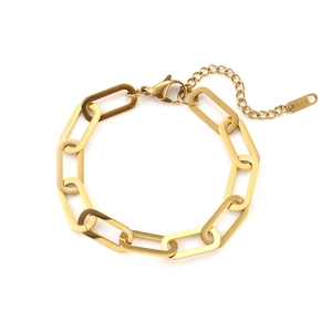 Macro shot of 18K gold-plated paperclip link bracelet with adjustable lobster clasp