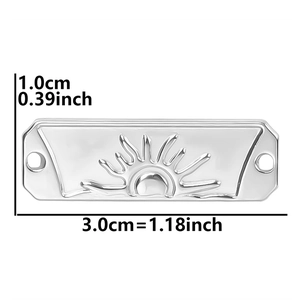 Detailed view of silver sun relief charm with size labels 3.0cm length and 1.0cm height