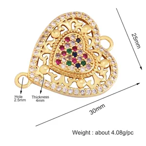 Gold plated copper heart crown pendant with colorful zircons measuring 30x25mm