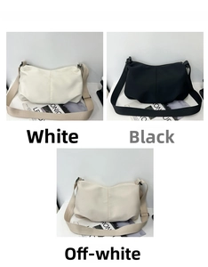 Three minimalist pleated crossbody bags in white, black, and beige matte leather finishes