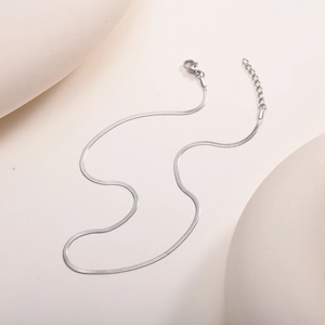 Close-up of polished silver snake chain necklace with lobster clasp and extender