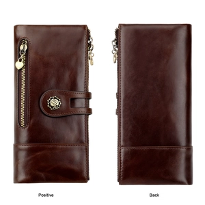 Detailed front and back views of a vintage brown leather RFID blocking long wallet for women