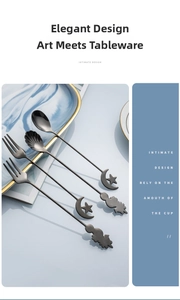 Detail of matte black 304 stainless steel coffee spoons and forks with moon and star tips