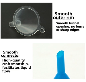 Detail view of smooth PP plastic mini funnels with burr-free edges for liquid filling
