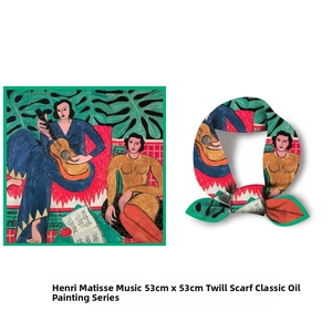 Détail d'un foulard en soie de 53cm avec motif Matisse, bord vert et style noué chic