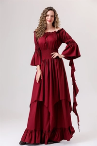 Detail of burgundy Renaissance dress featuring ruffled neckline and long flared sleeves