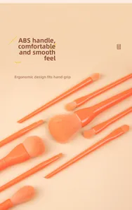 Close-up of candy-colored makeup brush set with ergonomic orange handles on a matching background