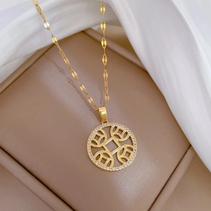 Luxurious titanium steel necklace with a micro-pave diamond-encrusted coin pendant
