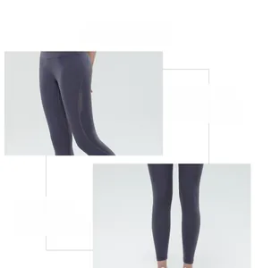 Dettaglio dei leggings da yoga a vita alta con cuciture piatte e tessuto grigio-viola