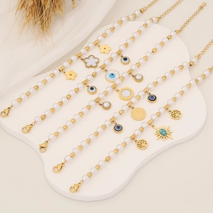 Stainless Steel White Artificial Pearl Bracelet For Women With Evil Eye Flower Coin Roman Numeral Charms Adjustable Bohemian Jewelry