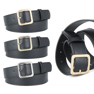 Minimalist black leather belts for women with square metal buckles in gold and silver