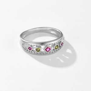 Vintage S925 sterling silver ring featuring colorful rhombic zirconias on a white background