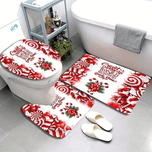 Three-piece Christmas bath mat set with candy cane patterns and Sweet but Twisted text