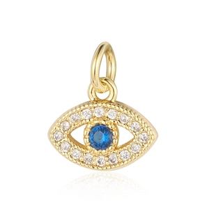 Detailed close-up of a gold evil eye pendant charm with blue and white zircon stones