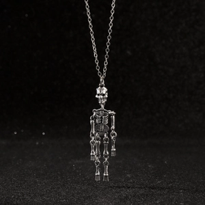 Gothic silver skeleton pendant necklace with movable joints for punk hip hop style
