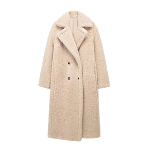 Long apricot faux shearling teddy coat with large lapels and double-breasted buttons