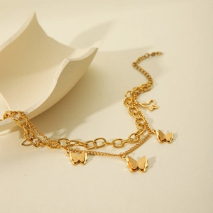 Double-layered 18k gold plated stainless steel butterfly pendant bracelet for women