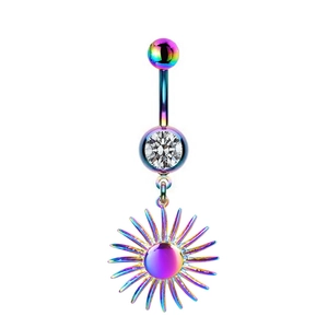 Close-up of rainbow surgical steel belly button ring with sunflower pendant and zircon