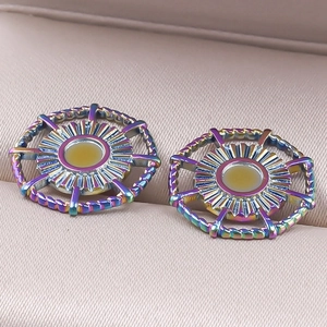 Macro shot of iridescent rainbow 304 stainless steel earrings with sunburst edge design