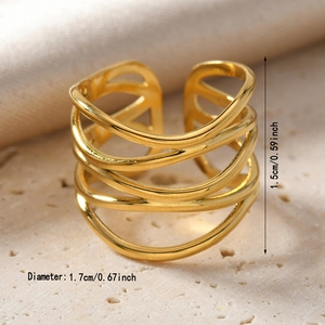 Detailed view of wide hollow gold layered ring showing 1.7cm diameter and 1.5cm height