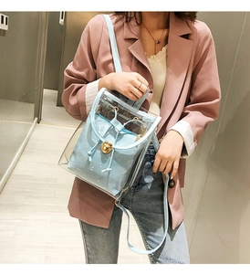 Detailed view of clear PVC backpack with light blue drawstring liner on model