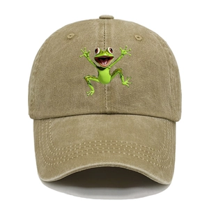 Close-up of khaki washed cotton baseball cap with cartoon frog embroidery detail