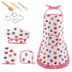 Kids Baking Costume Pretend Play Kitchen Toy Apron Chef Hat Mitt Utensils Pink Cupcake Pattern For Toddlers Role Play
