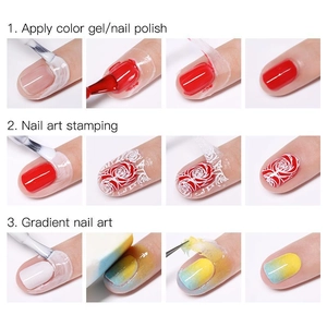 Macro view showing 12 steps for applying nail color gel and gradient nail art stamping