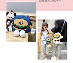 Detail view of cartoon burger canvas crossbody bag with 3D arms and legs for kids
