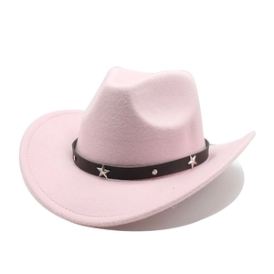 Detail of pink wool felt cowboy hat with black band and silver star metal rivets