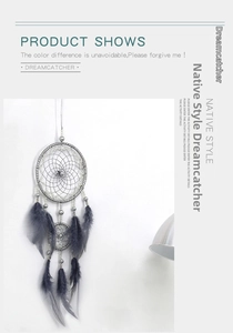 Detail of grey Indian style dreamcatcher with two rings and fluffy feathers on white wall
