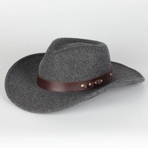 Close-up of dark grey wool felt fedora featuring a brown leather band and metal rivets