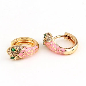 Gold snake earrings with pink enamel scales, clear crystals and green gem eyes