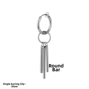 Detail of silver titanium steel clip-on earring featuring four cylindrical fringe pendants